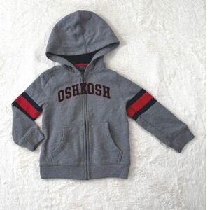 OshKosh B'gosh Gray Zip Up Hoodie Jacket Red Blue Stripe Sleeves Boys 3T